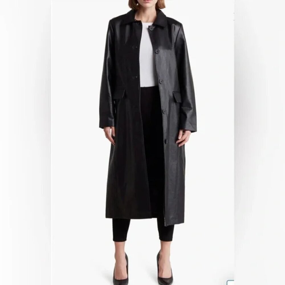 NWT $298 Rebecca Minkoff Black Faux Leather Belted Trench Coat Classic Goth MED